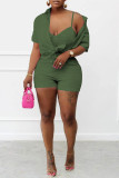 Pink Fashion Casual Solid Basic Turndown Collar Short Sleeve Three-piece Set