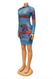 Blue Fashion Sexy Print See-through Turtleneck Long Sleeve Dresses