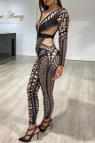 Black Fashion Casual Print Basic O Neck Skinny Jumpsuits