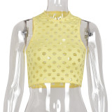 Yellow Fashion Sexy Solid Ripped Hollowed Out O Neck Tops