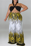 Yellow Sexy Casual Print Bandage Backless Strapless Plus Size Two Pieces