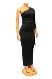 Black Fashion Casual Solid Backless Oblique Collar Long Sleeve Dresses