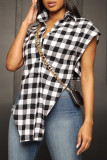 Black Fashion Casual Plaid Print Bandage Asymmetrical Tops