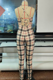 Apricot Sexy Plaid Print Patchwork Backless Spaghetti Strap Regular Jumpsuits