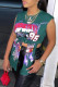 Green Street Print Patchwork Slit Asymmetrical O Neck T-Shirts