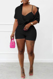Pink Fashion Casual Solid Basic Turndown Collar Short Sleeve Three-piece Set