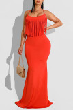 Orange Fashion Sexy Solid Tassel Patchwork Backless Spaghetti Strap Long Dress