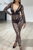 Black Fashion Casual Print Basic O Neck Skinny Jumpsuits