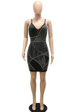 Black Sexy Solid Patchwork See-through Spaghetti Strap Pencil Skirt Dresses