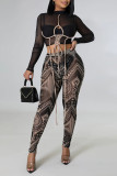 Black Sexy Print Bandage Hollowed Out Patchwork O Neck Long Sleeve Two Pieces