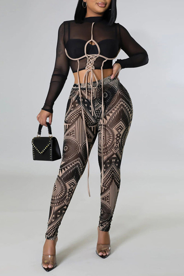Black Sexy Print Bandage Hollowed Out Patchwork O Neck Long Sleeve Two Pieces