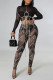 Black Sexy Print Bandage Hollowed Out Patchwork O Neck Long Sleeve Two Pieces