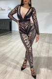 Black Fashion Casual Print Basic O Neck Skinny Jumpsuits