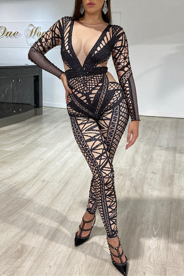 Black Fashion Casual Print Basic O Neck Skinny Jumpsuits