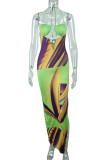 Green Fashion Sexy Print Hollowed Out Backless Slit Halter Sleeveless Dress