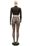 Black Sexy Print Bandage Hollowed Out Patchwork O Neck Long Sleeve Two Pieces