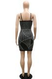 Black Sexy Solid Patchwork See-through Spaghetti Strap Pencil Skirt Dresses