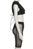Black Sexy Solid Bandage Split Joint See-through Asymmetrical Sleeveless Two Pieces