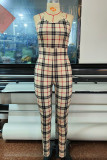 Apricot Sexy Plaid Print Patchwork Backless Spaghetti Strap Regular Jumpsuits