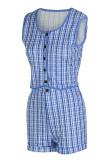 Purple Sexy Plaid Print Patchwork Buckle O Neck Sleeveless Two Pieces
