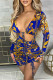 Blue Fashion Sexy Print Bandage Fold V Neck Long Sleeve Dresses