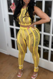 Yellow Fashion Sexy Solid Hollowed Out See-through O Neck Sleeveless Two Pieces