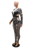 Black Fashion Casual Print Basic O Neck Skinny Jumpsuits