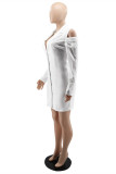 White Fashion Casual Solid Hollowed Out Patchwork V Neck Pencil Skirt Dresses