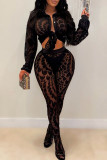 Black Sexy Print Patchwork Buckle See-through Turndown Collar Long Sleeve Two Pieces