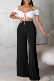 Fluorescent Yellow Casual Solid Patchwork High Waist Wide Leg Solid Color Bottoms