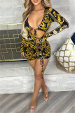 Blue Fashion Sexy Print Bandage Fold V Neck Long Sleeve Dresses