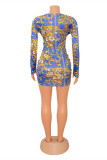 Blue Fashion Sexy Print Bandage Fold V Neck Long Sleeve Dresses