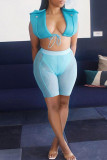 Blue Sexy Solid Bandage Split Joint See-through Asymmetrical Sleeveless Two Pieces