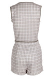 Purple Sexy Plaid Print Patchwork Buckle O Neck Sleeveless Two Pieces