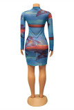 Blue Fashion Sexy Print See-through Turtleneck Long Sleeve Dresses