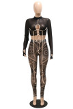 Black Sexy Print Bandage Hollowed Out Patchwork O Neck Long Sleeve Two Pieces