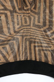 Brown Sexy British Style Print Patchwork Buckle See-through Turndown Collar Long Sleeve Two Pieces