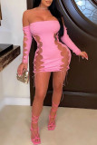 Pink Sexy Solid Bandage Hollowed Out Patchwork Off the Shoulder Pencil Skirt Dresses