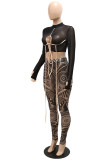 Black Sexy Print Bandage Hollowed Out Patchwork O Neck Long Sleeve Two Pieces