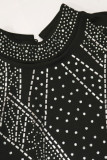 Black Sexy Solid Patchwork See-through Backless Hot Drill O Neck Dresses