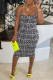 Black Sexy Print Patchwork Spaghetti Strap One Step Skirt Dresses