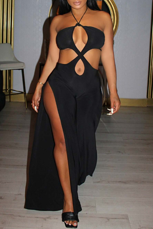Black Fashion Sexy Solid Hollowed Out Backless Slit Halter Regular Jumpsuits