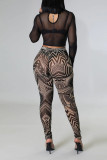 Black Sexy Print Bandage Hollowed Out Patchwork O Neck Long Sleeve Two Pieces
