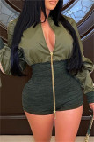 Blue Fashion Casual Solid Patchwork Zipper Collar Long Sleeve Dresses