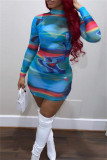 Blue Fashion Sexy Print See-through Turtleneck Long Sleeve Dresses