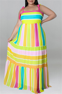 Light Yellow Fashion Casual Plus Size Print Bandage Backless Spaghetti Strap Long Dress