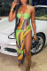 Green Fashion Sexy Print Hollowed Out Backless Slit Halter Sleeveless Dress