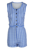 Purple Sexy Plaid Print Patchwork Buckle O Neck Sleeveless Two Pieces