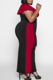 Red Casual Solid Split Joint Flounce V Neck Plus Size Dresses