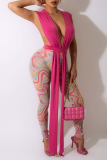 Rose Red Sexy Print Patchwork V Neck Sleeveless Two Pieces